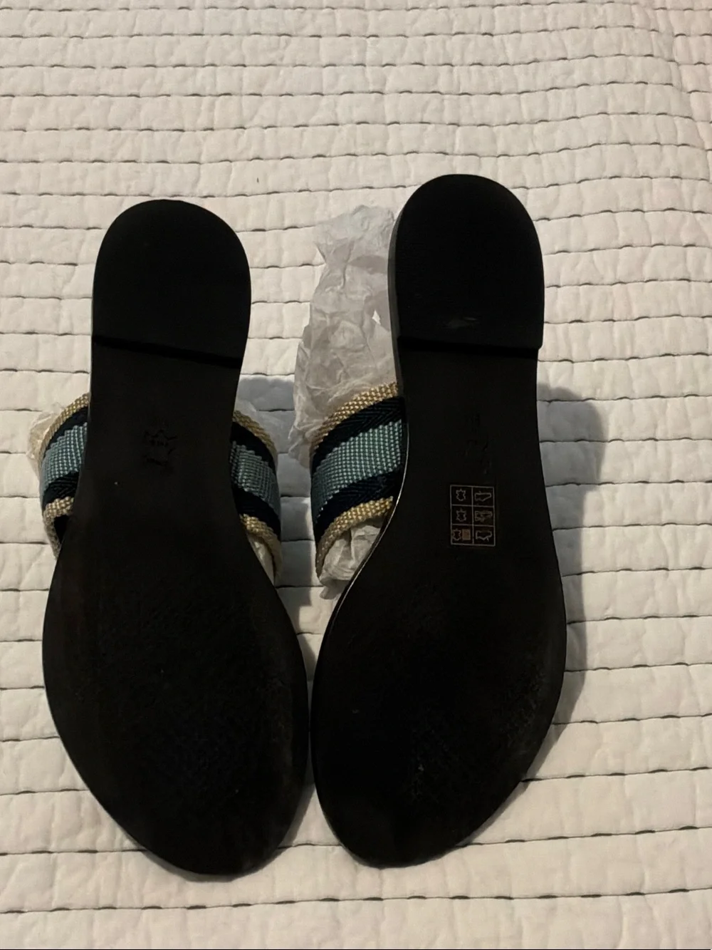 Tory Burch Navy and Light Blue Striped Miller Thong Sandals with Gold Disc